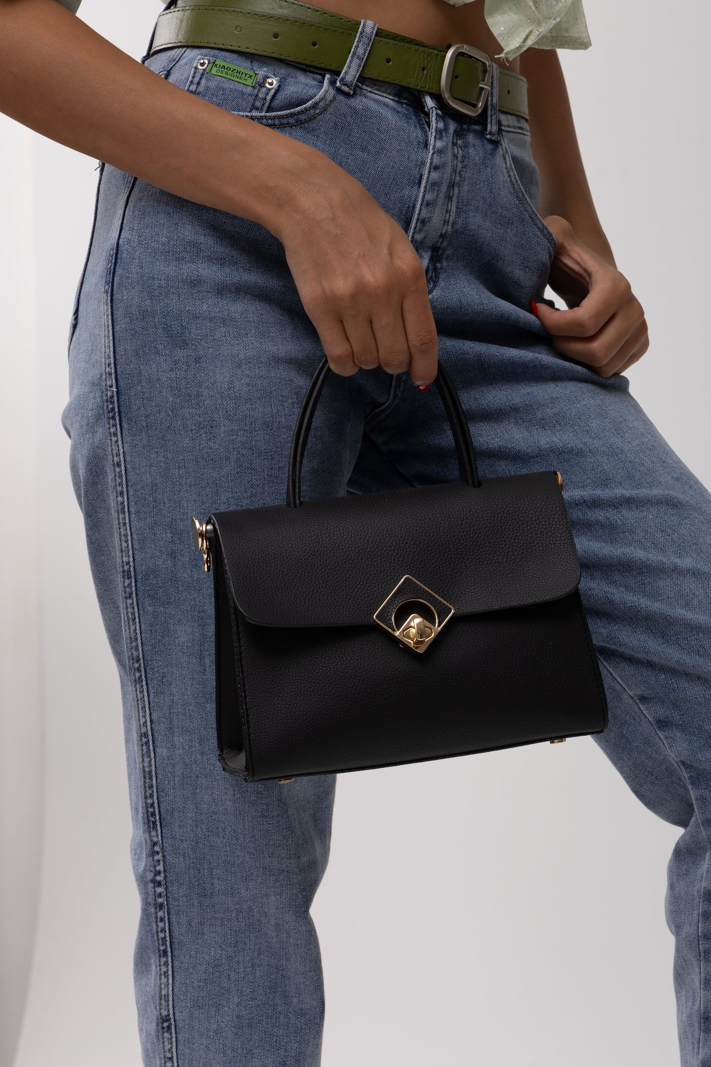 Turn-Lock Leather Handbag
